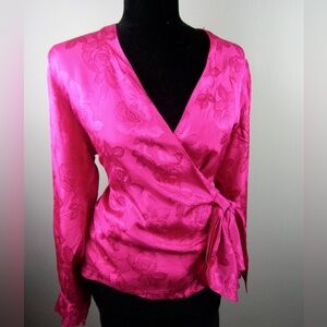 Jean Claire Vintage Fuchsia Pink V Neck Bow Floral Wrap Silky Blouse